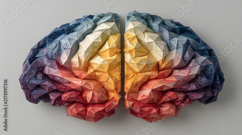 Colorful origami paper art human brain model displaying hemisphere separation on neutral background illustration.