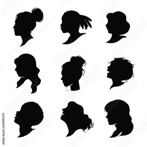 Female Head Silhouette Collection with Different Hairstyles
