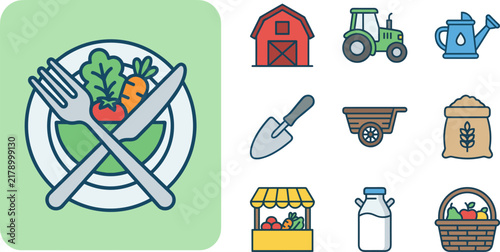 Flat design vector icons of farm produce and equipment, including a plate of salad, barn, tractor, and watering can