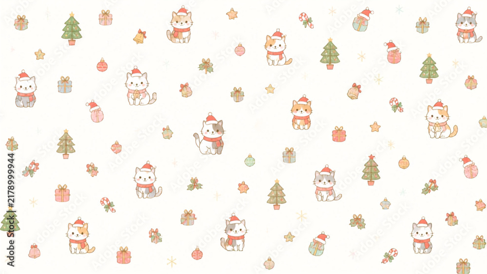 Seamless pattern with cute cartoon kittens in outer space with planets, moon, and stars in pastel colors.