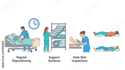 Healthcare patient care, repositioning, skin inspection and support surfaces