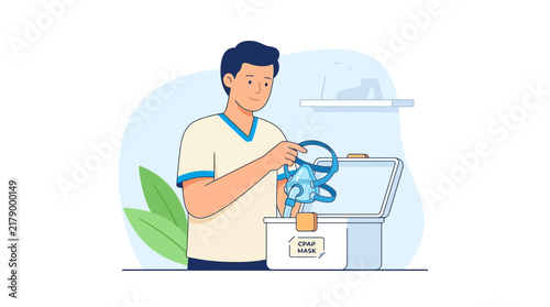 Man holding CPAP mask near storage case, transparent background