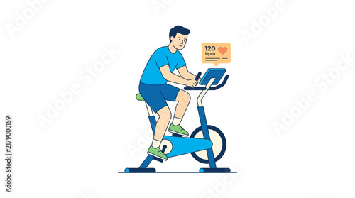 Man cycling on stationary bike, checking heart rate monitor on screen