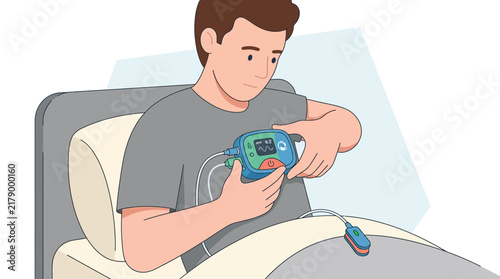 Man in hospital bed using portable ECG monitor with fingertip sensor