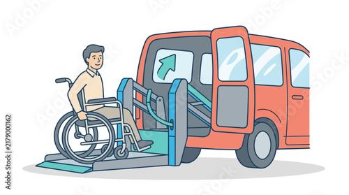 Man in Wheelchair Using Accessible Van Lift and Ramp Isolated