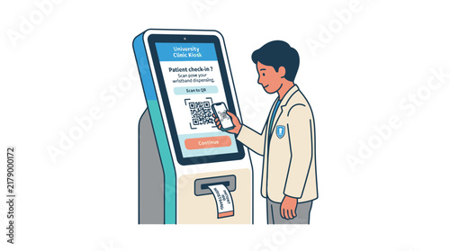 Man Using Self-Service Kiosk for Patient Check-In with QR Code