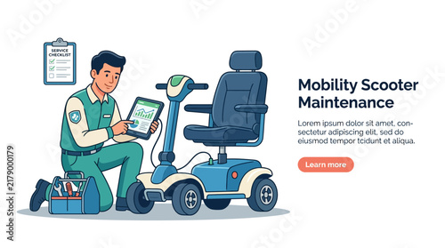 Mechanic Inspecting Mobility Scooter with Tablet and Tools