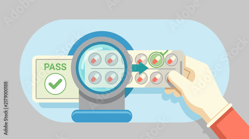 Medical capsule inspection with pass mark on transparent background