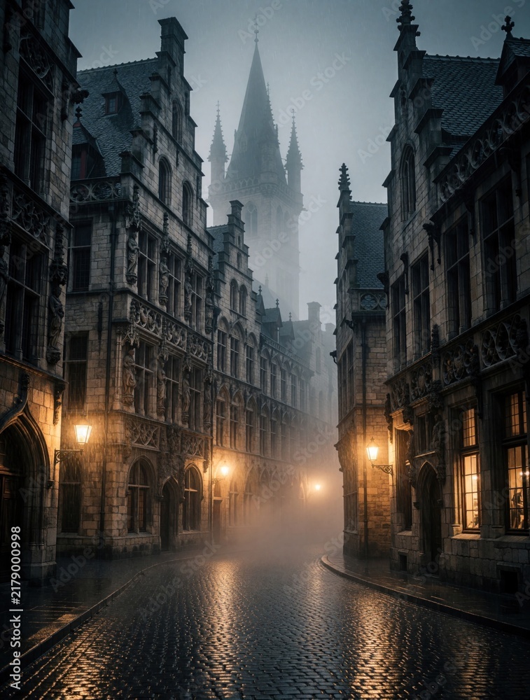 Obraz premium Old European city street with gothic architecture on a foggy rainy day. Cobblestone road reflects light from vintage lamps creating a moody, atmospheric scene.