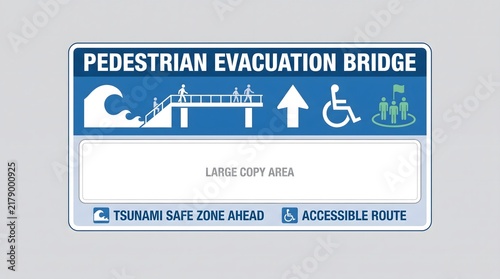 Pedestrian evacuation bridge sign for tsunami safety and accessible route information.