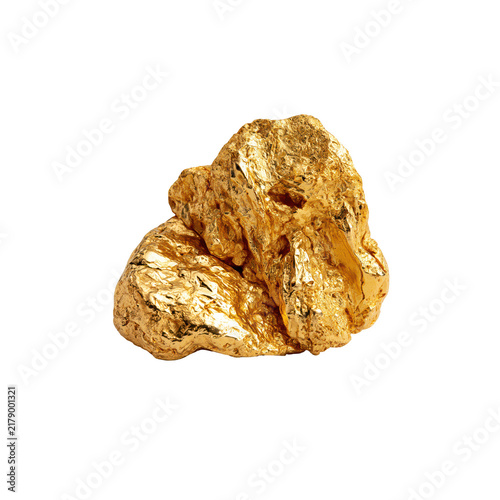 Natural raw gold nugget isolated on white background, precious metal mineral specimen.