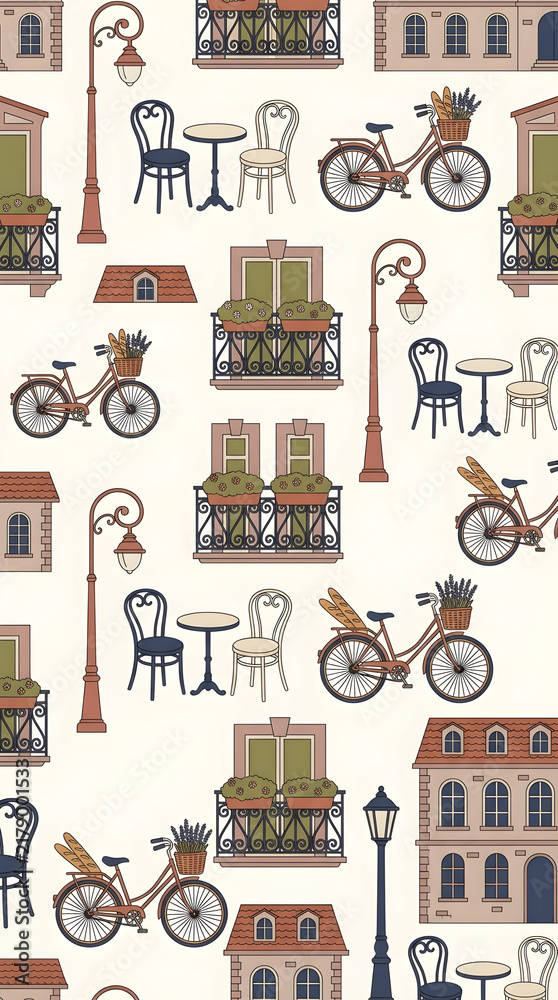 Seamless pattern with charming Parisian street elements like bicycles and cafe tables.
