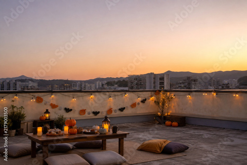 Halloween Rooftop Gathering Setup at Sunset