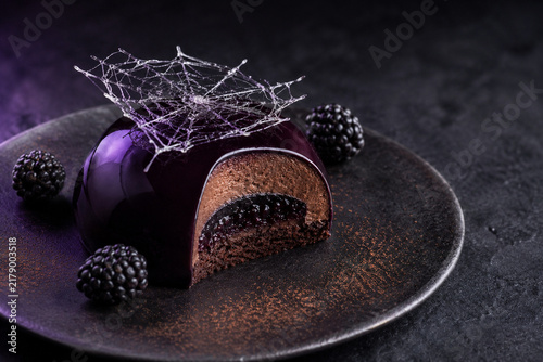 Chocolate Blackberry Mousse Cake with Sugar Web Decoration