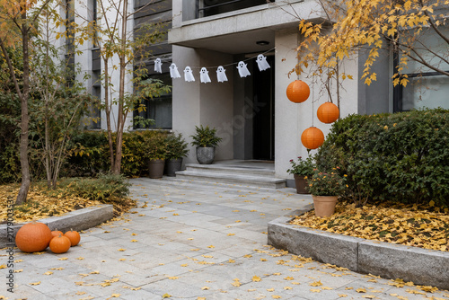 Halloween Decorations at an Apartment Courtyard Entrance