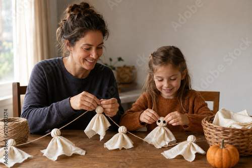 Woman and Child Making a Reusable Cloth Ghost Garland