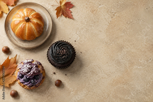 Autumn Pastries with Pumpkin Bread and Dark Cupcake