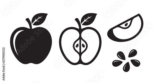 Half-cut apple showing seeds and core, high-contrast black and white silhouette, clean negative space, isolated vector illustration
