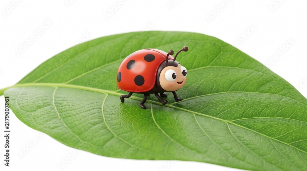 Fototapeta premium Cute cartoon ladybug with black spots walking on a vibrant green leaf with a white background