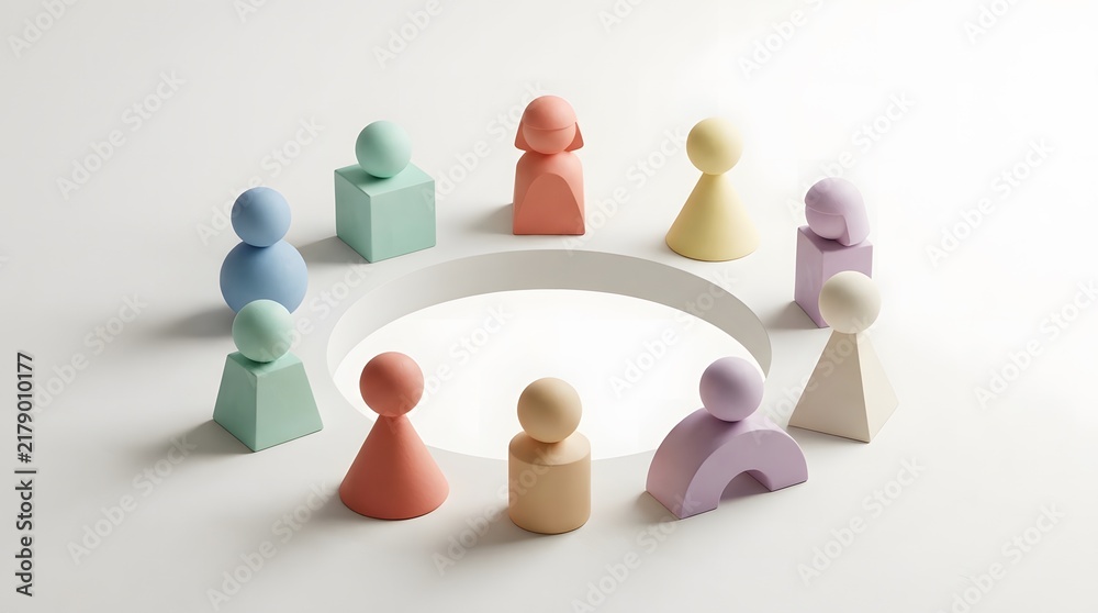 Obraz premium Abstract group of colorful geometric figurines arranged in a circle around a central empty space isolated on white background