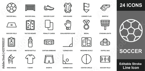 Soccer match equipment outline icons set featuring players gear and stadium assets.