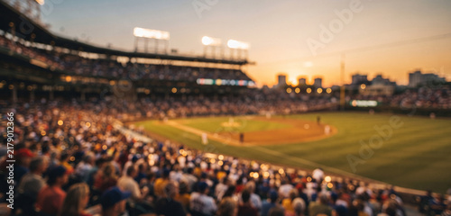 A baseball stadium at sunset melts into warm cinematic blur, combining glowing floodlights, soft seating, and golden field tones for an atmospheric sports background