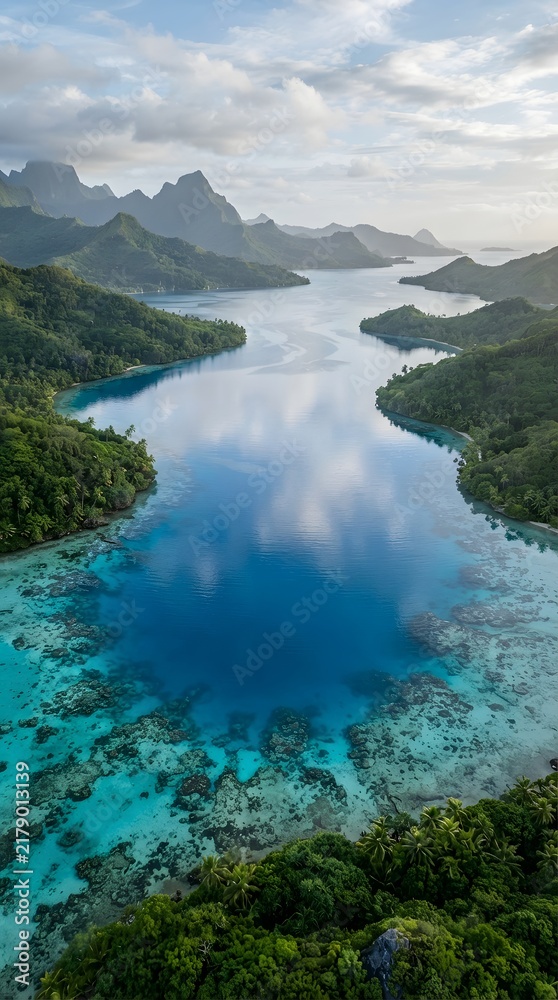 Obraz premium Breathtaking aerial view of a calm sea passage surrounded by green islands with tropical landscape seascape paradise vacation