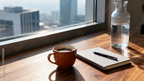 Coffee Cup, Notebook, and Water Bottle on a Sunlit Desk by City Window
