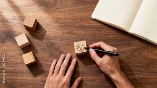 Hands Arranging Wooden Blocks and Writing on a Desk Beside an Open Notebook