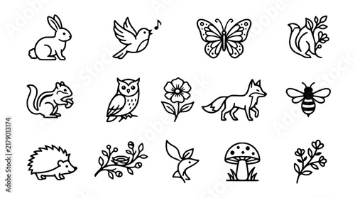 Cute Woodland Creatures and Nature Elements Set, Isolated Icons
