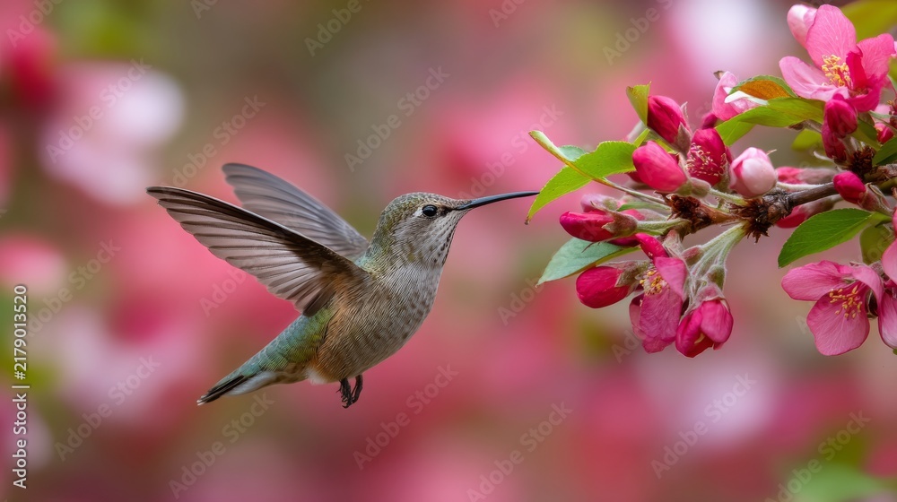 Obraz premium Hummingbird hovering over colorful flower blossoms in lush garden, graceful flying bird feeding on nectar, vibrant wildlife and nature scene, peaceful outdoor garden beauty, close up tropical bird in 