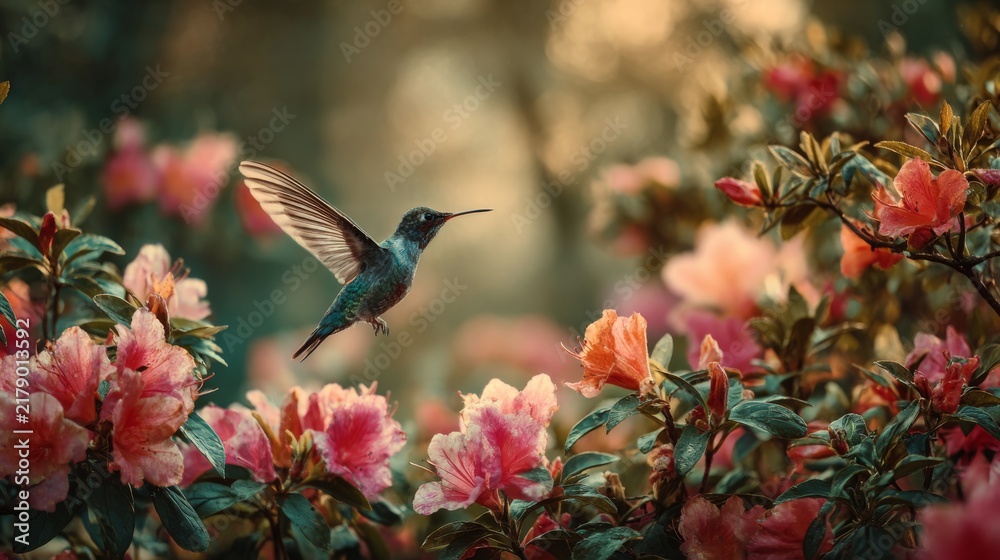 Obraz premium Hummingbird hovering over colorful flower blossoms in lush garden, graceful flying bird feeding on nectar, vibrant wildlife and nature scene, peaceful outdoor garden beauty, close up tropical bird in 