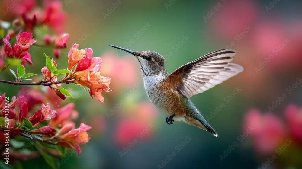 Obraz premium Hummingbird hovering over colorful flower blossoms in lush garden, graceful flying bird feeding on nectar, vibrant wildlife and nature scene, peaceful outdoor garden beauty, close up tropical bird in 