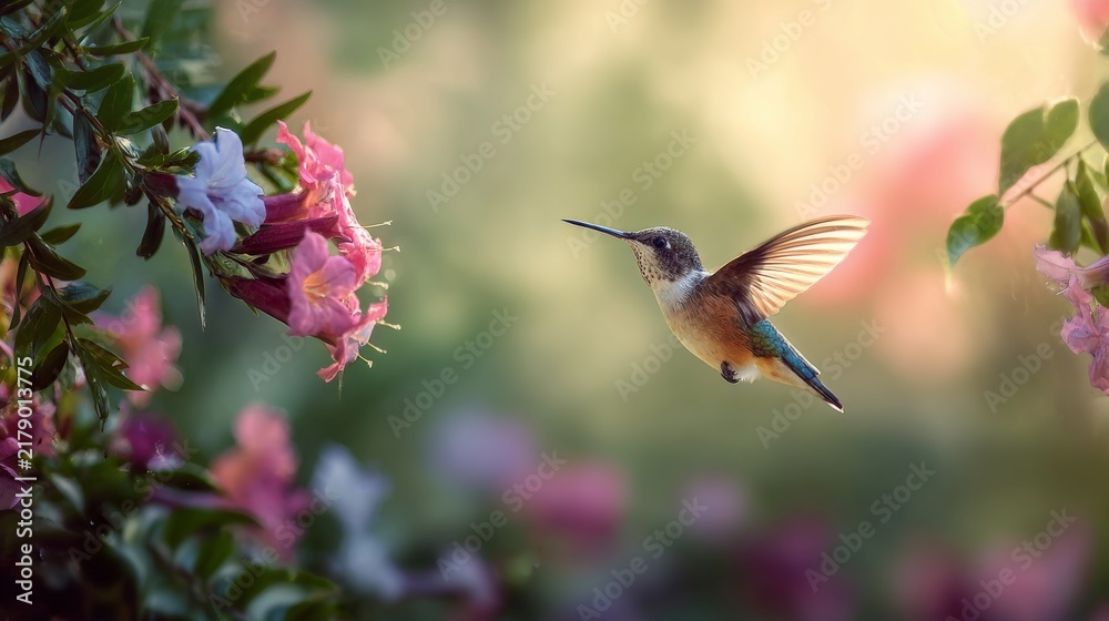 Fototapeta premium Hummingbird hovering over colorful flower blossoms in lush garden, graceful flying bird feeding on nectar, vibrant wildlife and nature scene, peaceful outdoor garden beauty, close up tropical bird in 