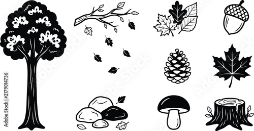Thanksgiving Autumn Nature Forest Elements Line Art Vector Icon Set