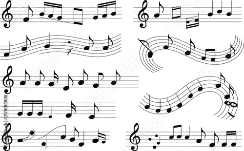 Musical notes collection on staff lines featuring wavy melody configurations and classic treble clef symbols vector illustration