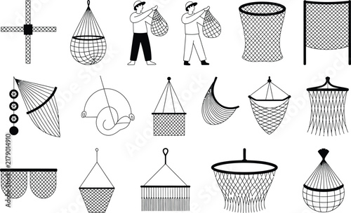 Minimalist outline vector icon collection featuring fishermen and diverse types of commercial fishing net designs isolated on white