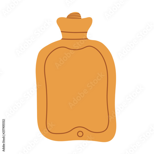 Flat style illustration of a classic rubber hot water bottle with a screw cap, warm orange and yellow colors, cozy healthcare and winter comfort icon isolated on a white background.