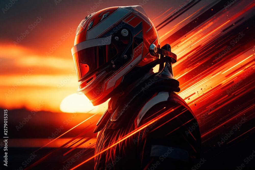 Obraz premium Racer in helmet at sunset, motion blur streaks imply speed. Professional driver ready for race, motorsport competition, intense energy, fast action.