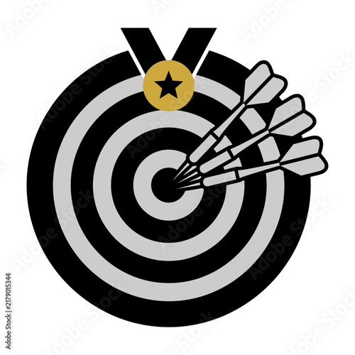 Bullseye target with five arrows and medal icon, symbolizing achievement and success in competition