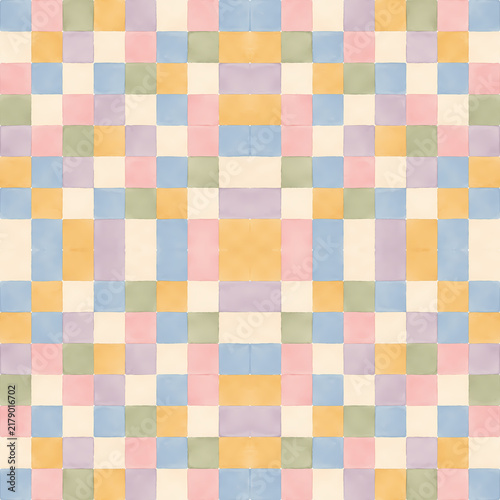 Pastel checkerboard blocks with slightly irregular hand-painted edges. Soft watercolor geometric design for nursery and commercial background use.