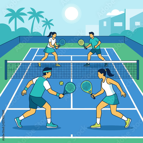 Active People Playing Paddle Tennis Outdoors On A Sunny Day