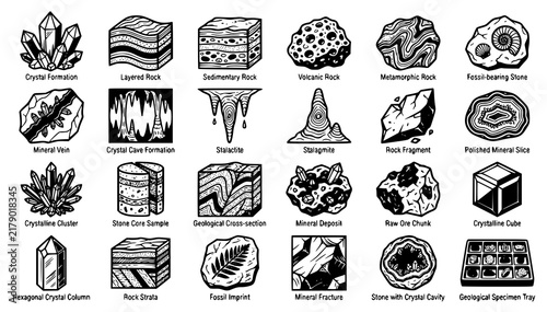 Geological Minerals and Rock Formation Black and White Icon Collection
