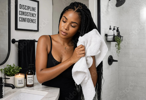 Woman dries her hair with a white towel in a modern bathroom