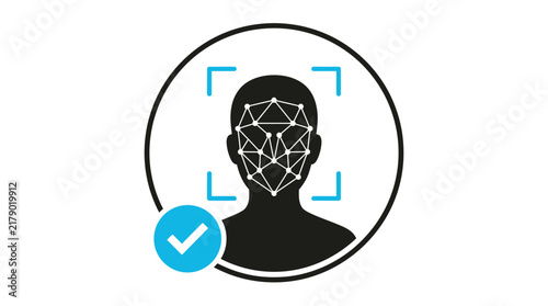Digital facial recognition security vector illustration showing biometric identification scan with a verified blue checkmark icon