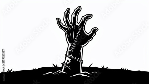 Black and white vector illustration of a zombie hand rising from the ground, ideal for halloween event promotion, horror posters and party flyers