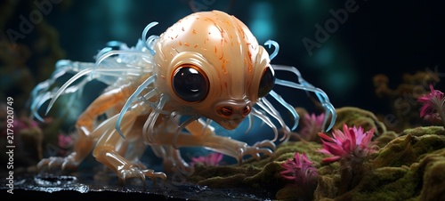A Kraken goblin , a small creature made of glass that is sitting in the palm of your hand ,generative AI