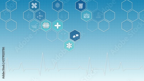 Medical technology background with healthcare symbols and a heartbeat