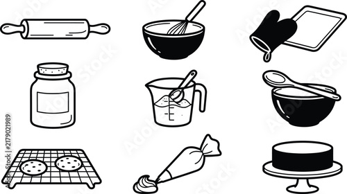 Thanksgiving Baking Kitchen Tools Utensils Icon Set Line Art Vector Illustration
