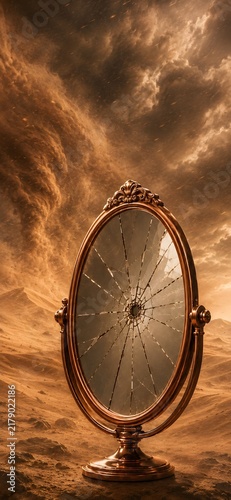 Cracked Ornate Copper Mirror in a Dramatic Alien Desert Landscape, Surreal Sci-Fi Scene with Dusty Atmosphere, Symbolizing Fragility, Mystery, Isolation and Broken Reality